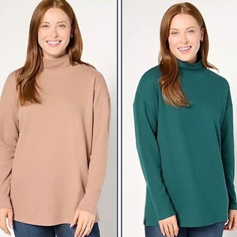 Denim & Co Essentials Womens Plus 2X Taupe Green 2 Pack Mock Neck Tunics A672135 - Picture 2 of 9